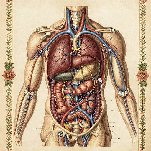 Detailed anatomical illustration of the human torso showing heart, lungs, stomach, intestines, and major blood vessels with colorful, labeled arteries.