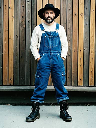 Photograph of a bearded man with dark hair, wearing a black hat, white long-sleeve shirt, blue denim overalls, and black
