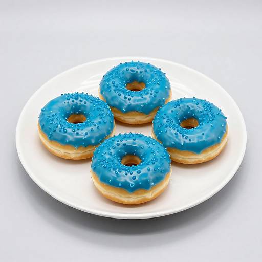 Photograph of four blue-sprinkled donuts on a white plate, arranged in a circular pattern against a plain white background.