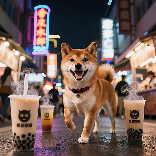 Energetic Shiba Inu at Neon Night Market