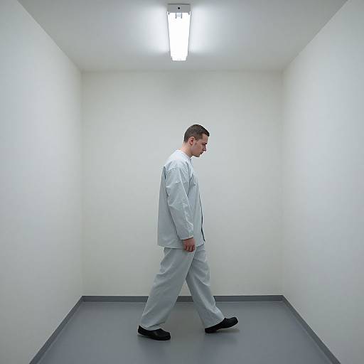 Photograph of a man in white uniform walking in a stark, white-walled, fluorescent-lit room with gray floor.