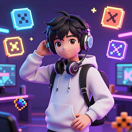 Cute Anime Gamer Boy in Neon Room