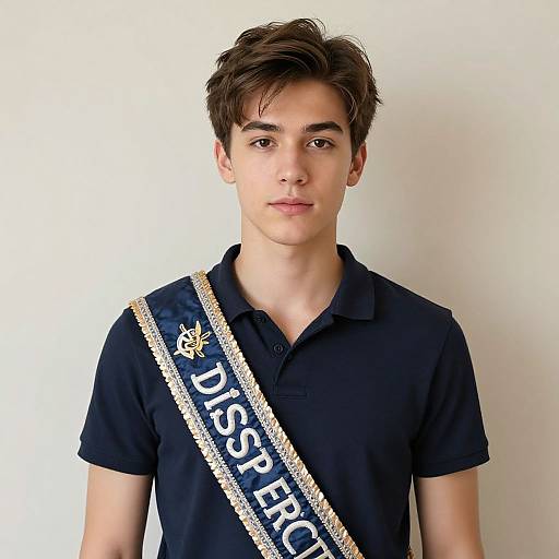 Photograph of a young boy with light skin, brown hair, wearing a black polo shirt and a 