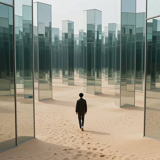 Photograph of a solitary person in black standing in a sandy, mirrored cube forest, casting reflections and shadows on the ground.