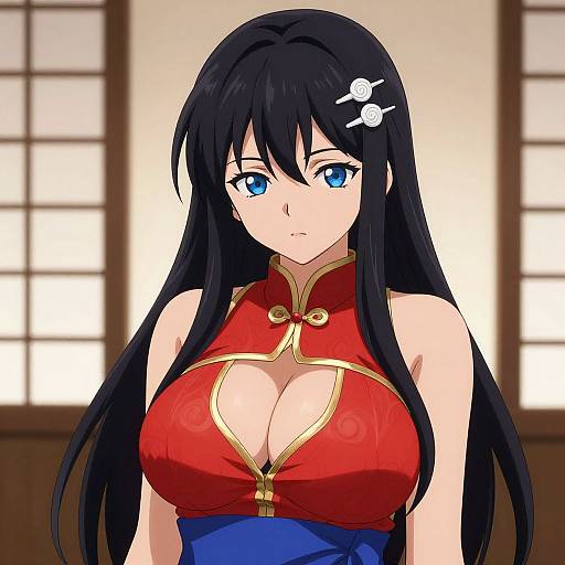 Anime-style digital drawing of a beautiful woman with long black hair, blue eyes, large breasts, wearing a red and blue cheongsam. Background features