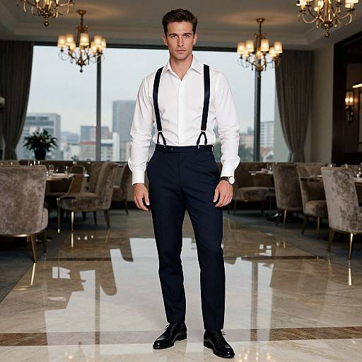 Photograph of a handsome man with short brown hair, wearing a white shirt, black suspenders, and black pants, standing in a luxurious, dim