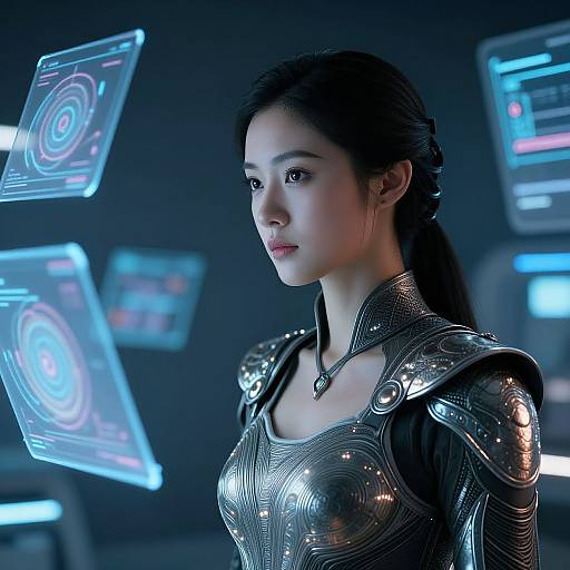 Digital CGI of a young Asian woman with black hair in futuristic, silver armor, gazing at floating holographic screens in a high-tech room.