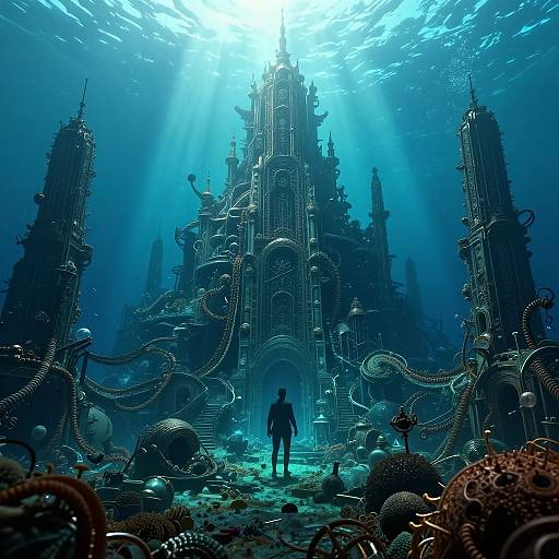 Digital art: Silhouetted figure stands before towering, intricately detailed, blue-lit underwater cathedral with swirling pipes and ocean creatures, illuminated by