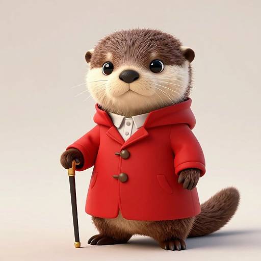 CGI image of a cute, chubby otter wearing a red coat, white shirt, and holding a black cane, standing against a white background.