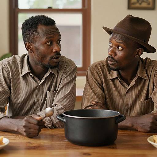 Two Black Men Sitting at Table with Pot