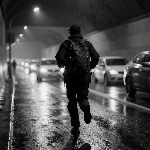 Running figure in rainy urban tunnel