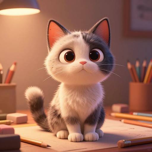 CGI image of a cute, wide-eyed, black-and-white kitten with fluffy fur sitting on a desk, surrounded by pencils and a lamp.