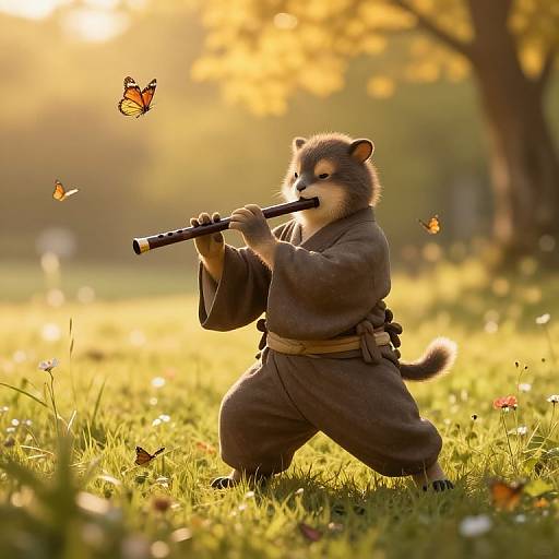 Photograph-style CGI of a grey-furred, anthropomorphic squirrel in a brown martial arts kimono, playing a flute, surrounded by floating butterflies in