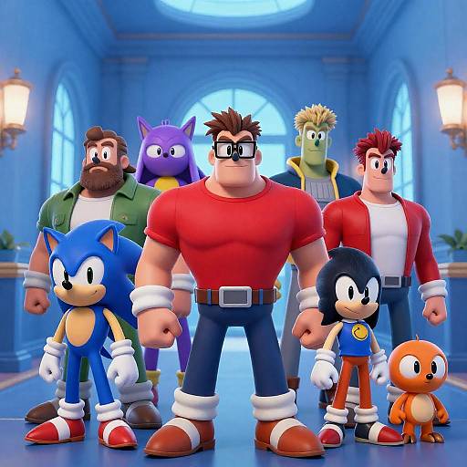 Group of Animated Characters in Grand Blue Hallway