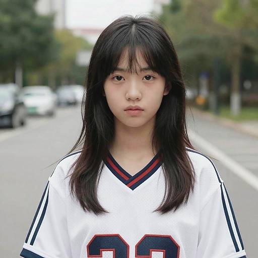 Photograph of an Asian teenage girl with long black hair, wearing a white football jersey with black and red stripes, standing on a blurred street with trees