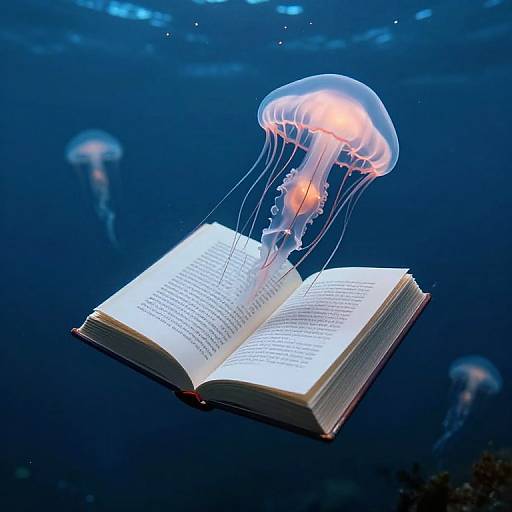 Photograph of an open book with text floating in dark blue ocean water, illuminated by a glowing jellyfish with translucent tentacles.