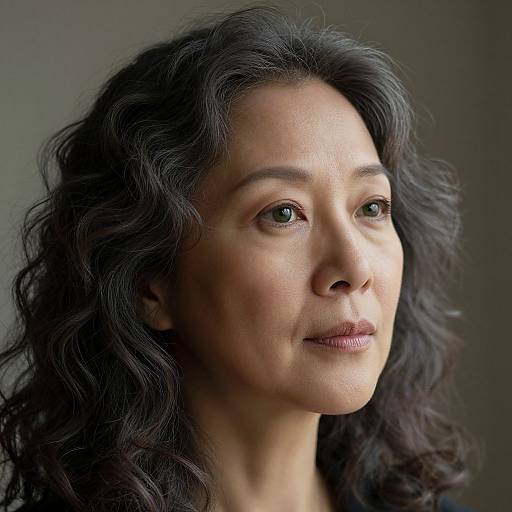 Photograph of a middle-aged Indian woman with wavy black hair, medium brown skin, green eyes, and subtle smile, softly lit against a gray