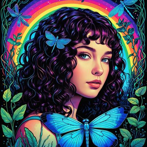 Psychedelic Portrait of Teen Girl with Blue Dragonflies