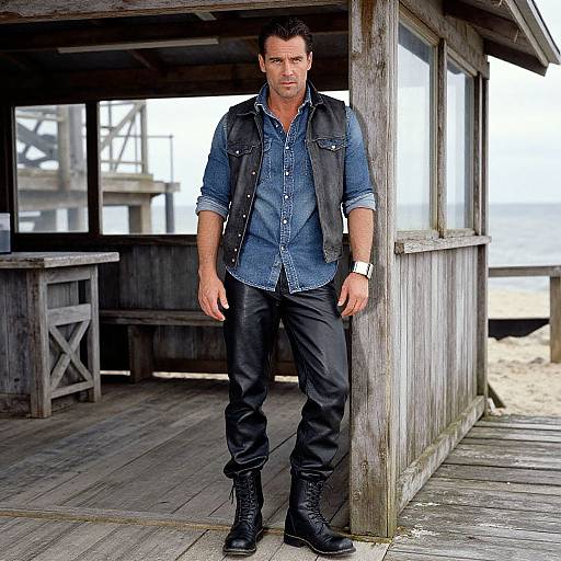Photograph of a muscular, attractive man with short dark hair, wearing a denim shirt, black vest, black pants, and boots, standing under a