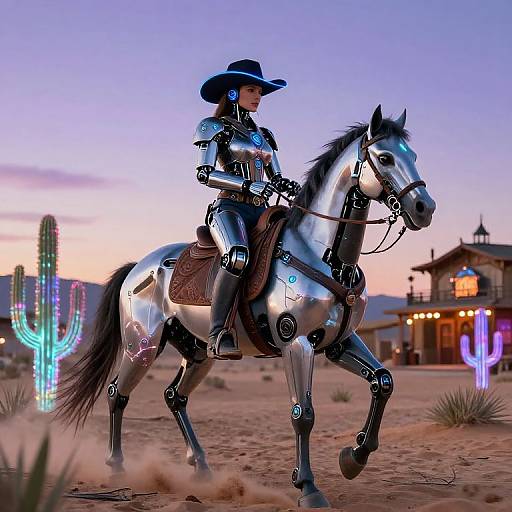 Futuristic Cybernetic Cowgirl in Neon Desert