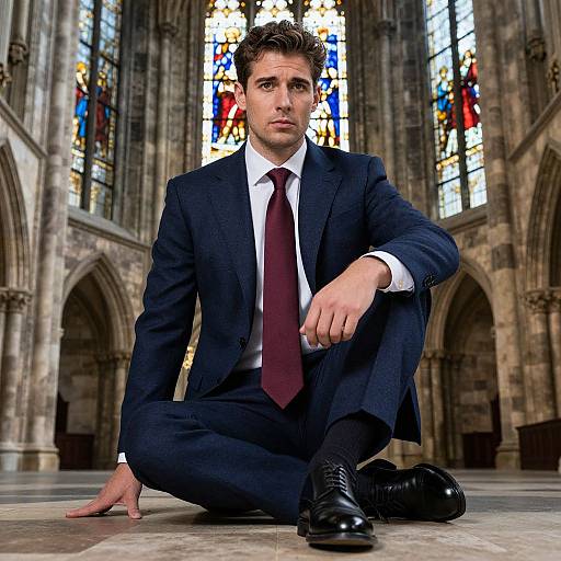 Photograph of a serious, handsome man in a dark suit and maroon tie, sitting cross-legged on a stone floor in a grand, Gothic cathedral