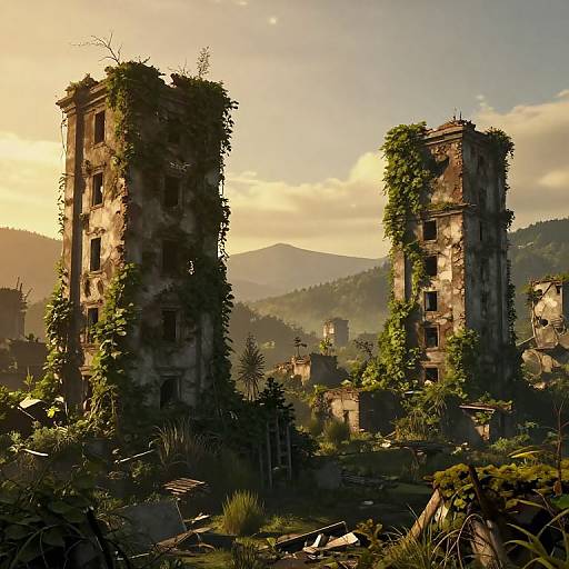 Photorealistic CGI of abandoned, ivy-covered ruins at sunset, with misty mountains and overgrown vegetation in the background. Sunlight casts warm
