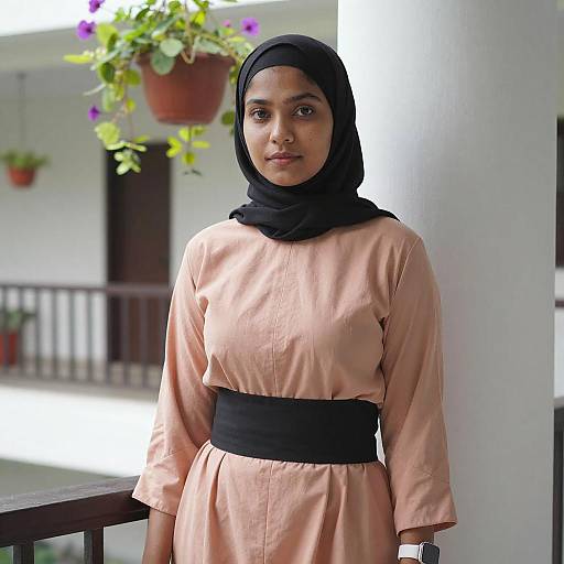 Photograph of a young South Asian woman with medium brown skin, black hijab, peach dress with black waistband, standing outdoors near potted plants