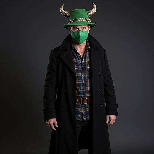 Photograph of a man in a green horned hat, green mask, black coat, and plaid shirt, standing against a dark background.