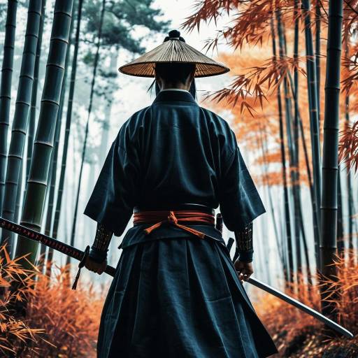 Fluorescent Samurai in Autumn Bamboo Forest