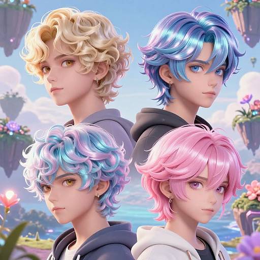 CGI artwork of four anime-style boys with colorful, wavy hair (blonde, blue, pink, and blue-pink) in hoodies