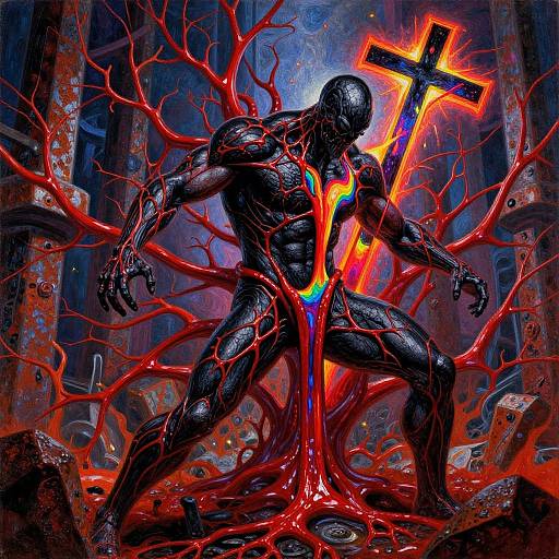 Digital painting of a muscular, black-skinned, faceless figure with glowing red veins, holding a fiery cross, surrounded by dark, twisted roots in