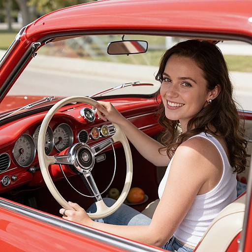 Photograph of a smiling brunette woman with wavy hair, wearing a white tank top, driving a vintage red convertible with a cream steering wheel. Sunny