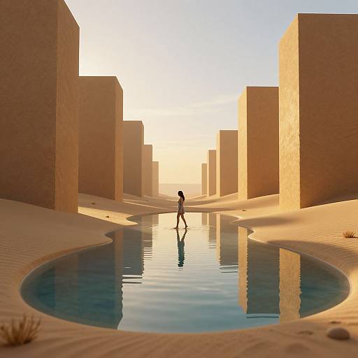 Photorealistic CGI: Silhouetted person standing in a circular pool, surrounded by towering, sunlit, beige desert buildings, with clear blue