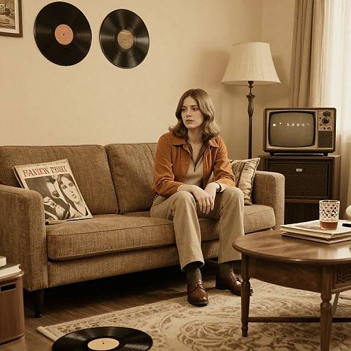 Photograph of a pensive woman in 70s-style orange jacket and beige pants, sitting on a brown sofa in vintage living room.