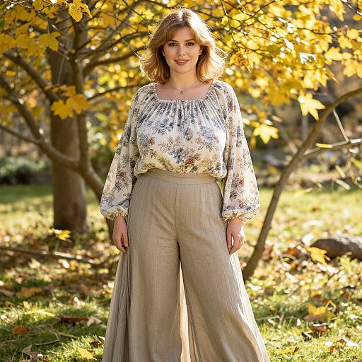 Photograph of a smiling woman with light brown hair in a floral blouse and beige high-waisted pants, standing in a sunlit autumn forest with