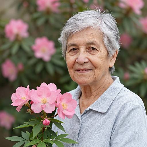 Photograph of an elderly woman with short gray hair, smiling, wearing a light blue polo shirt, standing beside pink roses.