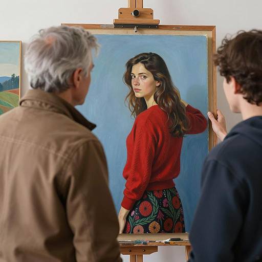 Man Contemplating Artwork of Woman