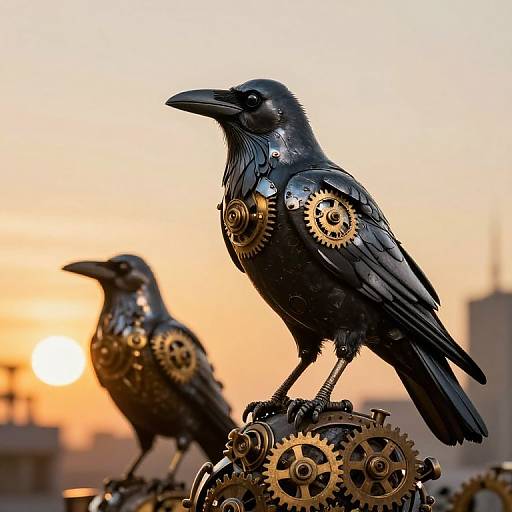 Photograph of two black ravens with gears and metal details, perched on cogs against a sunset backdrop, creating a steampunk effect.