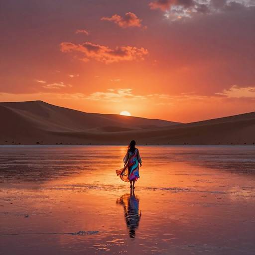 Photograph of a lone woman with long hair, wearing a colorful dress, standing on reflective wet sand at sunset in a desert landscape with vibrant orange and