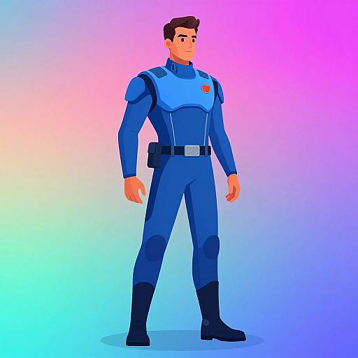 Digital illustration of a muscular, brown-haired man in a blue superhero suit with a red emblem, standing against a gradient pink-purple-blue background.