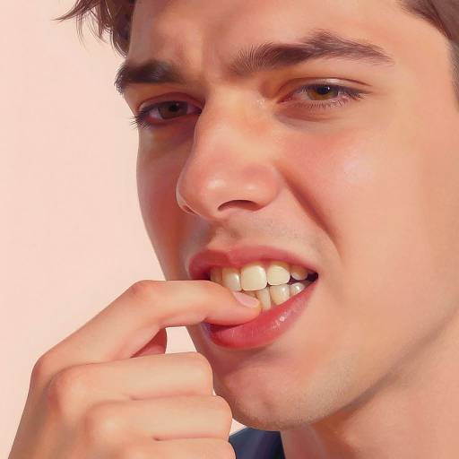 Close-up photograph of a young man with light skin, dark brown hair, and brown eyes, biting his finger with his teeth visible, against a plain
