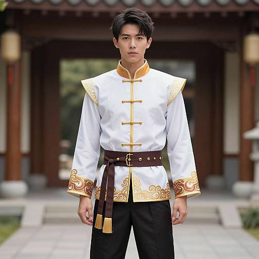 Photograph of an Asian man with short black hair in a traditional white Chinese jacket with gold embroidery and brown belt, standing in front of a traditional wooden