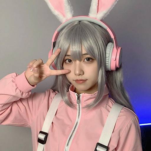 Asian Woman with Silver Hair and Bunny Headphones