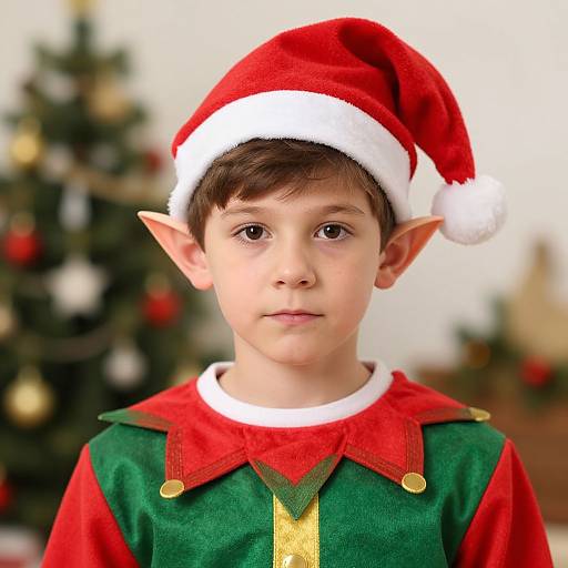 Photograph of a young boy with fair skin and brown hair wearing a red Santa hat, elf costume with green and red, and gold buttons, standing