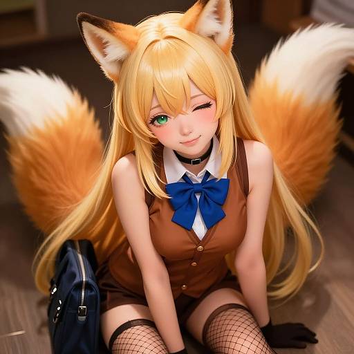 Anime-style digital drawing of a blonde fox-girl with green eyes, winking, wearing a brown vest, blue bowtie, fishnet stockings, and
