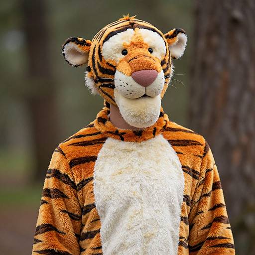 Photograph of a person in a detailed, full-body, orange-and-black tiger costume with a white chest, standing in a forest.