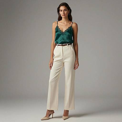 Woman in Silk Emerald Green Camisole and Cream Trousers