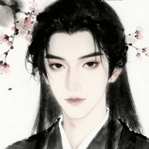 Digital drawing of a pale-skinned, androgynous figure with long black hair, subtle pink lips, and intense eyes, set against a white