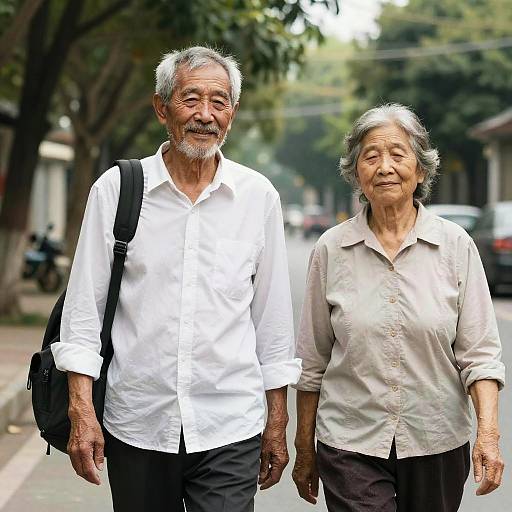 Smiling Elderly Couple Walking Outdoors