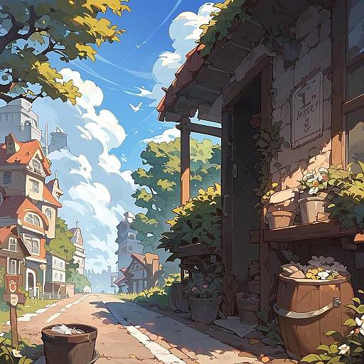 Sunny Village Street with Flower Pots